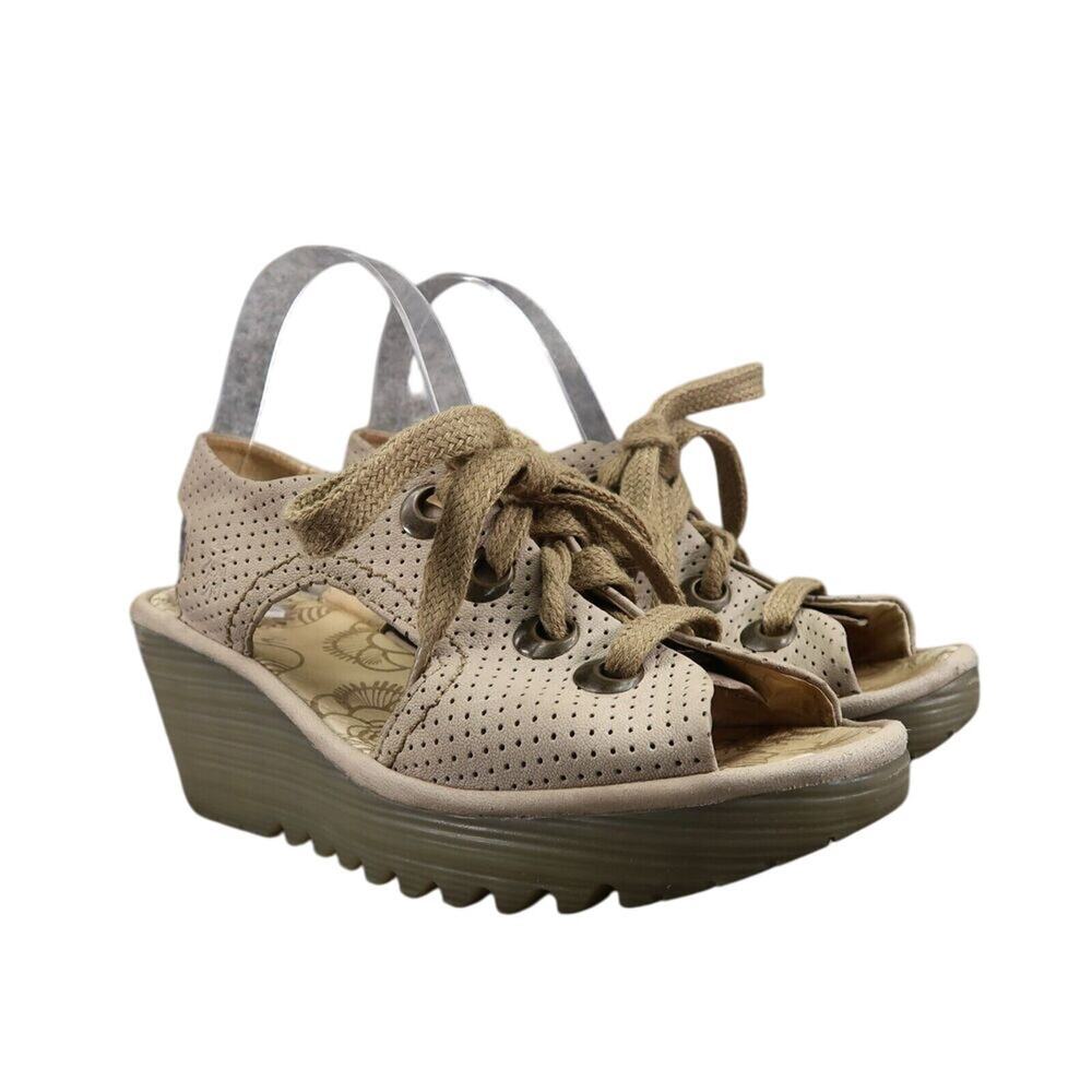 Fly London Shoes Womens 39 Sandal Wedge Lace Up Platform Leather Fashion Comfort